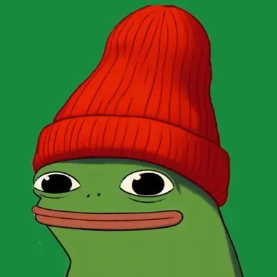 The image features a cartoon frog wearing a red hat with a white stripe, giving it a unique and playful appearance. The frog's face has a big smile, adding to its cheerful demeanor. The background of the image is green, which contrasts nicely with the red hat on the frog's head. There are no texts or other objects in the image, making the focus solely on the frog and its hat.