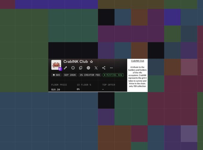 A website interface displays information for a 'CrabINk Club' NFT collection, noting a 3% creator fee, a minting status, and a floor price of $15.20.