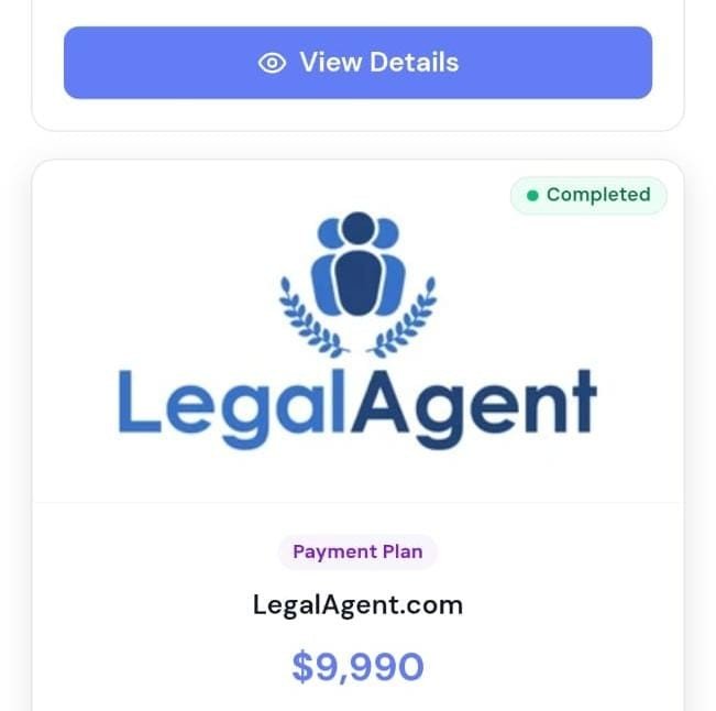 A "View Details" button appears above a completed sale card showing the LegalAgent.com logo, marked as Completed, with the domain listed under "Payment Plan" for $9,990, matching the post's announcement of the recent $9,990 sale via Atom.