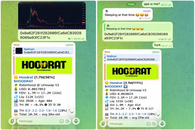 A split-screen image shows two Telegram chat screenshots highlighting the meme token "HOODRAT" (and "$HOODRAT"), traded on Uniswap V2, with on-chain stats including the contract address (0x8e62F281f282686fCa6dCB39288069a93fC23F1c), market cap of 3.1M, ~111% gains, 9% buy/sell ratio, and "98 OLD" status — illustrating the trader's strategy of targeting older, safer tokens with bullish-looking charts rather than chasing new launches.