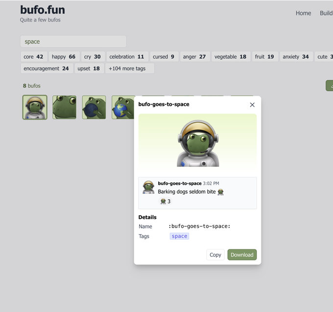 A screenshot of the bufo.fun website showing a search for "space" tags, with a popup displaying a frog astronaut sticker named "bufo-goes-to-space" and the message "Barking dogs seldom bite".