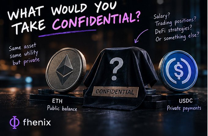 A promotional image for 'fhenix' asking 'What would you take confidential?' featuring an Ethereum coin labeled 'ETH Public balance' and a USDC coin labeled 'USDC Private payments' flanking a covered 'CONFIDENTIAL' object.