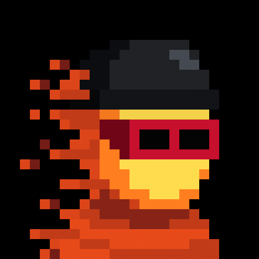 Pixel art of a character dissolving into orange and red fragments, wearing a black hat and red sunglasses against a black background.