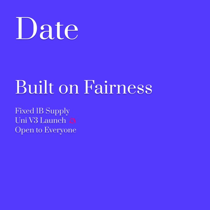 A bold purple graphic reads "Date" at the top, followed by "Built on Fairness" and a list highlighting "Fixed IB Supply," "Uni V3 Launch," and "Open to Everyone"—visually reinforcing the post's message about Arcdotfun's transparent, equal-opportunity token launch model with a fixed 1 billion supply on Uniswap V3.