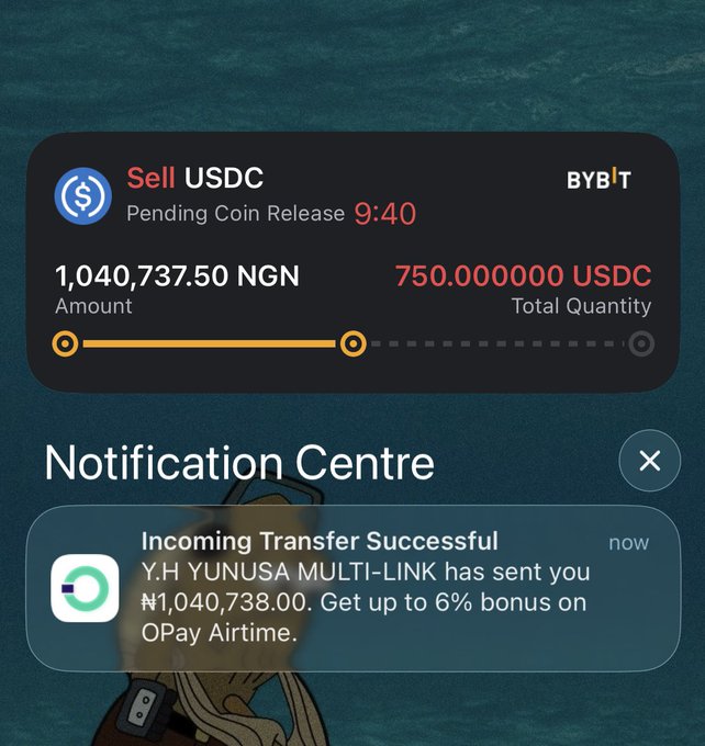 A smartphone screenshot shows a Bybit "Sell USDC" transaction for 750.00 USDC (1,040,737.50 NGN) with an OPay notification confirming an incoming transfer of ₦1,040,738.00 from "Y.H YUNUSA MULTI-LINK."