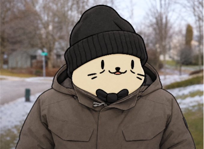 A person wearing a brown winter jacket and black beanie stands outdoors, their face obscured by a digitally added cartoon cat graphic with whiskers and a bow tie.