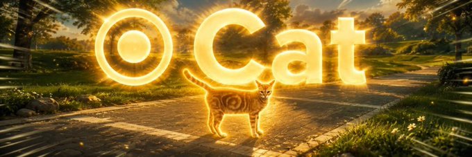 Glowing golden "◎Cat" text hovers above an orange tabby cat standing on a sunlit countryside path, fitting the banner art for the Solana meme token $◎. The illuminated ring symbol (◎) directly mirrors Solana's native currency logo, tying the playful feline mascot to the blockchain community on Moby.