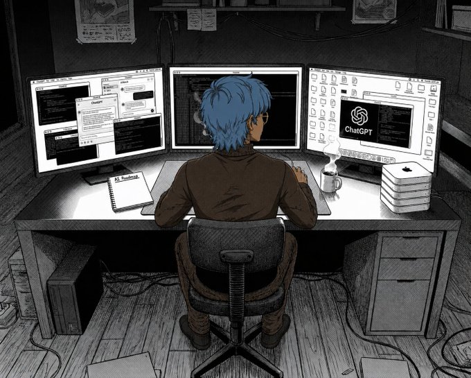An illustrated scene of a person with blue hair sitting at a desk with three monitors, one displaying the ChatGPT logo.