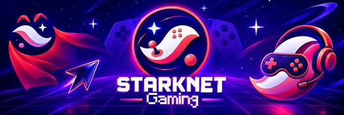 The image is a vibrant neon-styled banner featuring gaming controllers, a headset, and a superhero-like masked character, with the text "STARKNET Gaming" prominently displayed in the center. It visually reinforces the tweet's excitement by symbolizing Starknet's gaming ambitions alongside the teasing message that Starknet Gaming has something major in development.