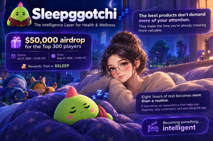 An advertisement for 'Sleepggotchi - The Intelligence Layer for Health & Wellness' featuring a $50,000 airdrop for top 300 players, running from July 27 to August 27, 2026, with rewards in $SLEEP tokens.