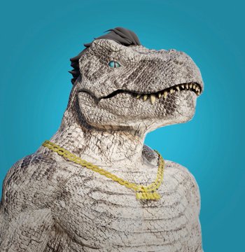 A stylized gray T-Rex character wearing a small black cap and a gold chain necklace appears against a bright blue background, with a "Zilla" pendant visible on the chain. The post identifies this as "Rex," a piece from the TribeCalledRex NFT collection on Ethereum, highlighting the gold chain and NFT-themed fight shorts as notable features.