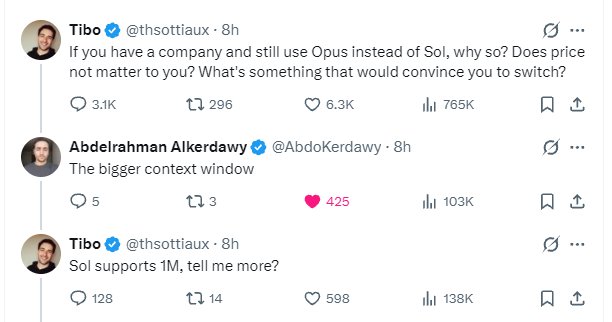 A Twitter/X thread where Tibo asks companies still using Opus instead of Sol, with Abdelrahman Alkerdawy replying 'The bigger context window,' followed by Tibo asking for more details, noting Sol supports 1M.