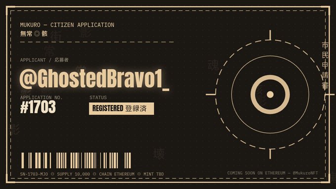 MUKURO Citizen Application card for user @GhostedBravo1_, Application No. #1703, status REGISTERED, with supply 10,000 on Ethereum chain (SN-1703-M30), coming soon on Ethereum.