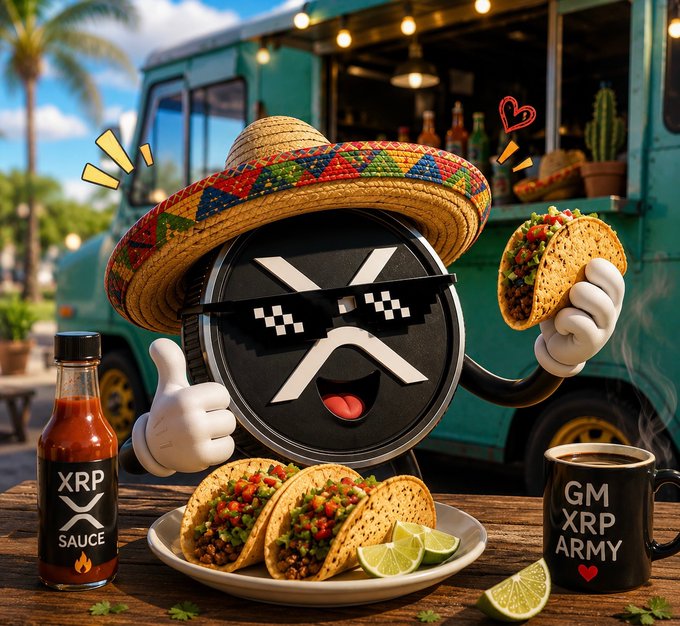 A cartoonish XRP logo character wearing a colorful sombrero gives a thumbs-up while holding a taco, with more tacos, lime wedges, "XRP SAUCE," and a "GM XRP ARMY ❤️" coffee mug displayed on a wooden table in front of a teal food truck. The festive Taco Tuesday scene perfectly matches the post's cheerful greeting to the XRP Army community holding strong.