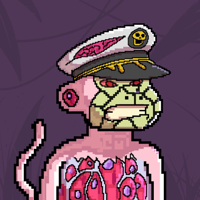 A pixel art illustration depicts a pink-skinned monkey wearing a white captain's hat featuring a yellow skull emblem, with red eyes and a revealing pink outfit, set against a purple background with vines. The post celebrates a 1/1 (one-of-one) NFT mint from the @HoodMonkeX collection, with the image serving as the unique digital artwork being celebrated.