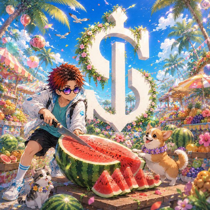 A vibrant anime-style illustration showing a boy with red hair cutting a large watermelon surrounded by a corgi and cat, with a large dollar sign and tropical fruit market in the background.