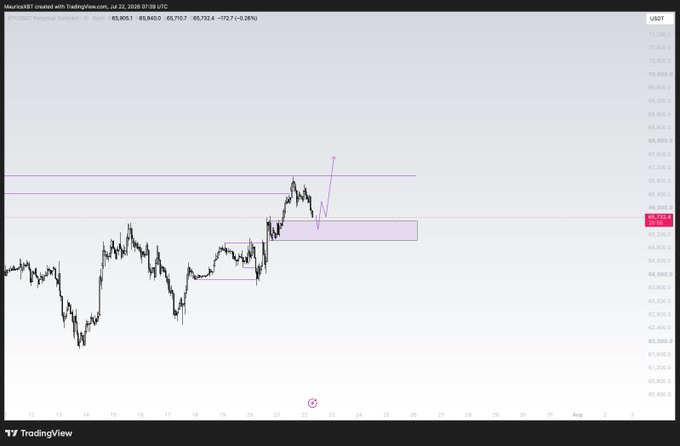 A TradingView chart of US100 perpetual contract shows bullish price action with an arrow pointing to a recent breakout above resistance, alongside a highlighted support zone around 65,000, supporting the post's outlook of expecting higher prices while emphasizing that the marked support level must hold to maintain the bullish structure.
