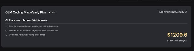 In the image, there is a long white box with black text reading "GLM coding max year plan" at the top of the screen. Below this, various details about the plan are provided, such as the cost of the plan being $119.69 and an estimated price range from $12 to $150. Additionally, two other posts can be seen in the image: one with a yellow title that reads "GLM Coding Max Year Plan" and another titled "# tokenmaxing". The main post focuses on presenting the idea of using GLM for coding and offers a maximum spending limit for those interested.