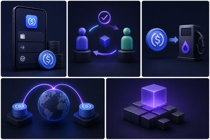 A collage of five 3D-rendered digital illustrations depicting various financial and crypto concepts, including a smartphone with dollar coin icons, a transaction between two figures, a gas pump with a fuel drop, a globe with orbiting coins, and stacked blocks.