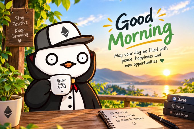 A cartoon penguin mascot wearing a cap and holding a "Better Days Ahead" mug sits at a desk with a to-do list, set against a sunrise landscape with the text "Good Morning - Stay Positive Keep Growing."