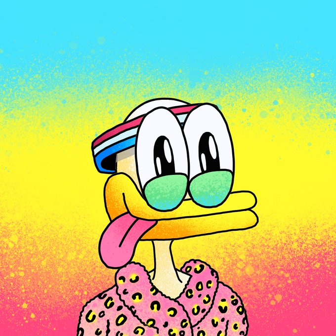 A stylized cartoon illustration of a duck-like character with large eyes, wearing a pink leopard-print robe, headband, and sunglasses, set against a vibrant blue, yellow, and pink gradient background.