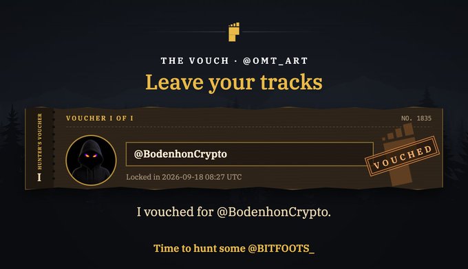 A digital voucher from "THE VOUCH // OMT_ART" stating "Leave your tracks," vouching for the account "@BodenhonCrypto" with the message "I vouched for @BodenhonCrypto." and "Time to hunt some @BITFOOTS_".