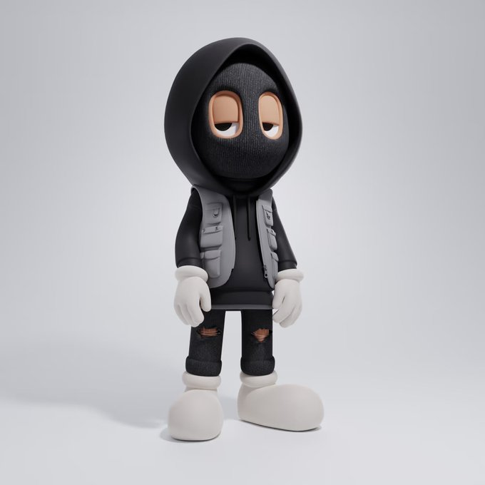 A 3D-rendered cartoon character in a black hoodie and mask wearing a gray utility vest, black pants, and white gloves/shoes.