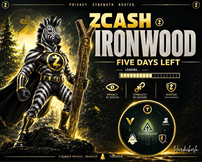 A promotional graphic for 'ZCASH IRONWOOD' showing a 'FIVE DAYS LEFT' countdown, featuring a zebra warrior character holding a wooden staff branded 'IRONWOOD' and icons for 'PRIVACY BY DESIGN', 'STRENGTH BY NATURE', and 'ROOTED FOR TOMORROW'.