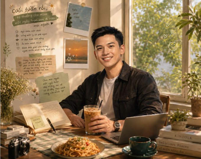 A young man sits at a table with a plate of pasta, an iced coffee, and a laptop, while text on the wall beside him reads 'Cuối tuần rồi' along with other Vietnamese phrases and sticky notes.