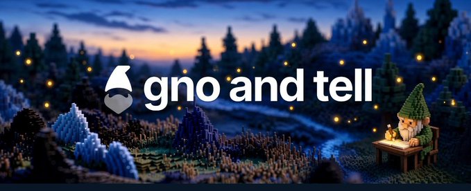 A banner titled 'gno and tell' features a gnome logo on the left against a backdrop of a voxel-based landscape at dusk, with another gnome sitting at a desk on the right.