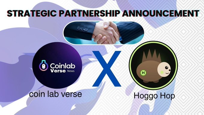 A 'Strategic Partnership Announcement' graphic between Coinlab Verse News and Hoggo Hop, featuring a handshake image and logos.