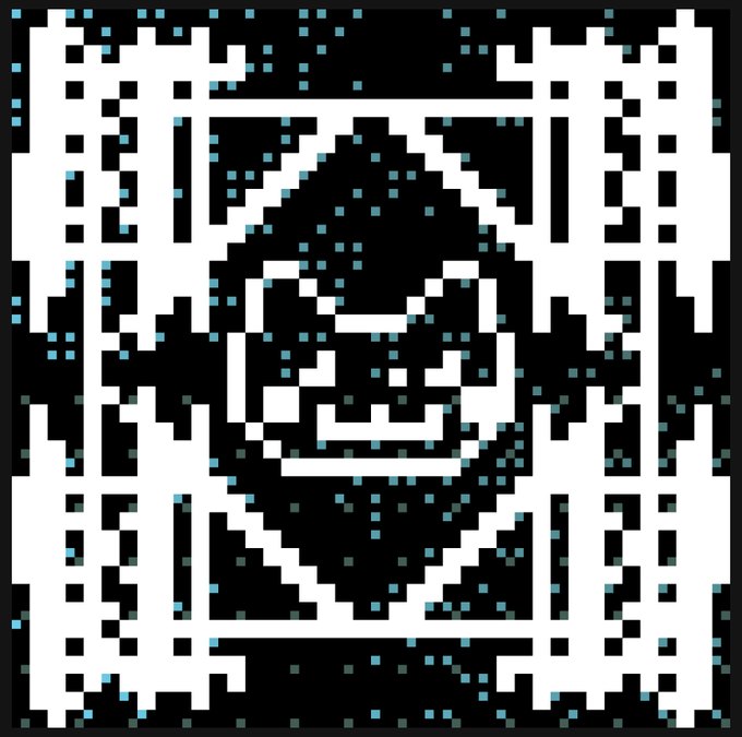 A pixel art QR code with black and white squares, accented with scattered teal pixels, featuring a central diamond-shaped design with a smiley face motif.