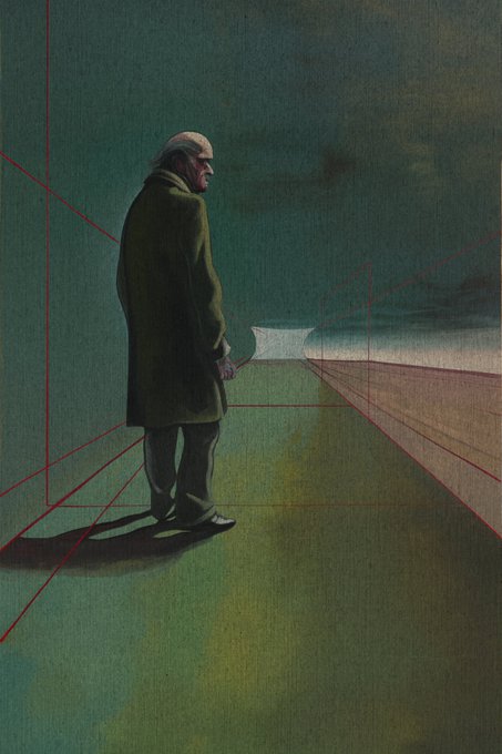 A painted illustration depicts an older bald man in a long coat standing in a dim, green-toned corridor with red geometric lines on the floor and walls.