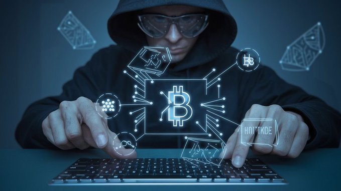 A hooded figure wearing sunglasses types on a laptop keyboard with a glowing Bitcoin logo and blockchain graphics superimposed over the scene.