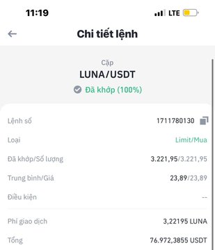 A Vietnamese crypto trader's order history showing a filled LUNA/USDT limit buy order for 3,221.95 LUNA at $23.89 per unit (totaling ~$76,972.39 USDT) just before the token's historic collapse, illustrating the painful losses many investors faced.