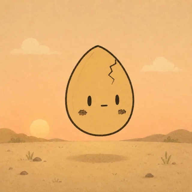 A cute cartoon illustration of a cracked egg character with a small face, floating above a desert landscape at sunset.