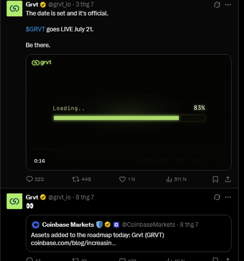 A Twitter/X post from Grvt (@grvt_io) announces that $GRVT goes live July 21, featuring a loading progress bar at 83% and a reposted Coinbase Markets announcement about Grvt being added to their roadmap.