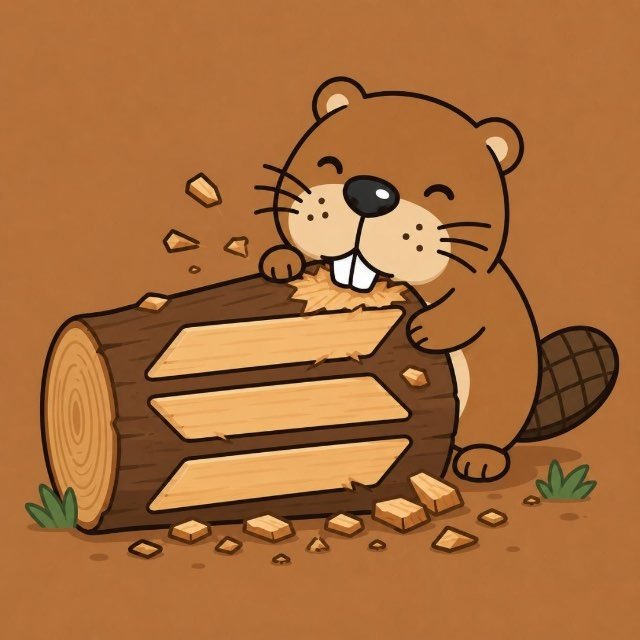 A cartoon illustration of a smiling beaver chewing on a wooden log, with wood chips scattered around on a brown background.