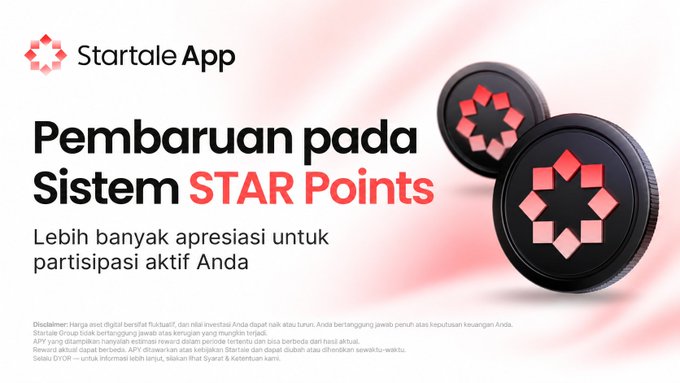 An Indonesian-language version of the Startale App STAR Points update banner, titled 'Pembaruan pada Sistem STAR Points' with subtitle 'Lebih banyak apresiasi untuk partisipasi aktif Anda', accompanied by two black coins.