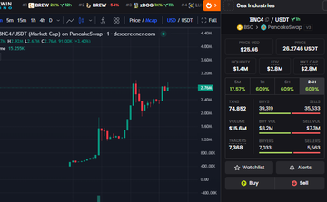 A cryptocurrency chart shows the BSC-USD/USDT pair on PancakeSwap with candlestick data and trading statistics for the Cea Industries token.