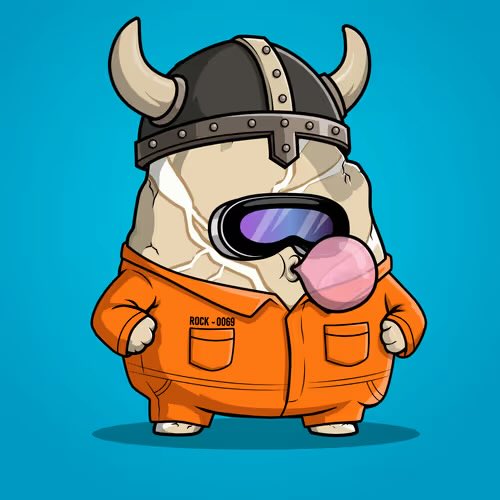 A cartoon rock character wearing a viking helmet, orange prison jumpsuit with "ROCK-0069" printed on it, and blue sunglasses while blowing a pink bubblegum bubble. The illustration fits the "RockBottom NFTs" branding in the post, presenting the giveaway as a playful, laid-back NFT asset.