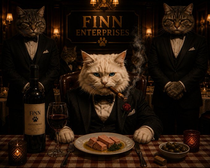 The image features three cats in tuxedos posing around a formal dinner table, with the central white cat smoking a cigar at a place setting of meat and wine, beneath a sign reading "FINN ENTERPRISES," embodying the post's theme of family-first, dog-eat-dog (or in this case, cat-command) business mentality.
