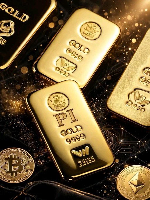 Several gold bars marked "9999" and "GOLD" are displayed alongside Bitcoin and Ethereum coins, visually representing the "GCV" (Global Consensus Value) concept. The juxtaposition of traditional gold with popular cryptocurrencies echoes the post's message about the Pi community's aspirational vision and unity within the broader crypto landscape.