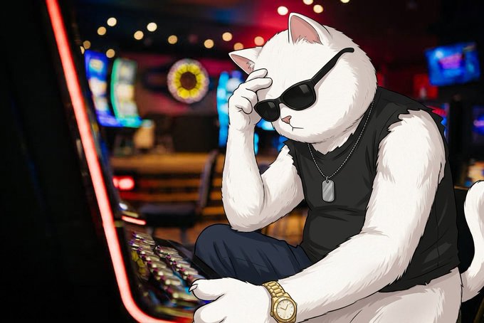 An anime-style illustration of a white cat wearing sunglasses, a black sleeveless shirt, a gold watch, and a dog tag, sitting thoughtfully at a slot machine in a casino.