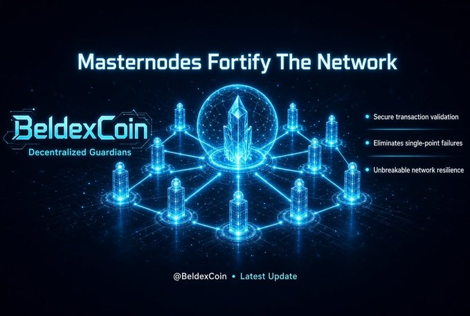 A promotional graphic for BeldexCoin ('Decentralized Guardians') with the headline 'Masternodes Fortify The Network', highlighting secure transaction validation and unbreakable network resilience.