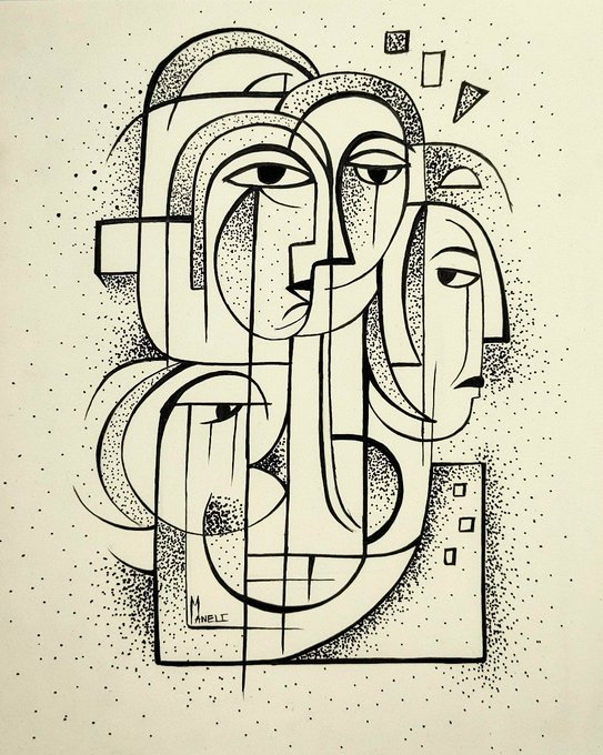A black ink abstract drawing on cream paper featuring multiple overlapping stylized faces with dotted shading, signed 'AMBLIC'.