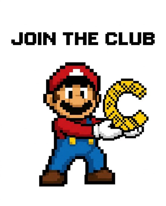 Pixel art of Mario holding a golden letter 'C' with the text 'JOIN THE CLUB' displayed above.