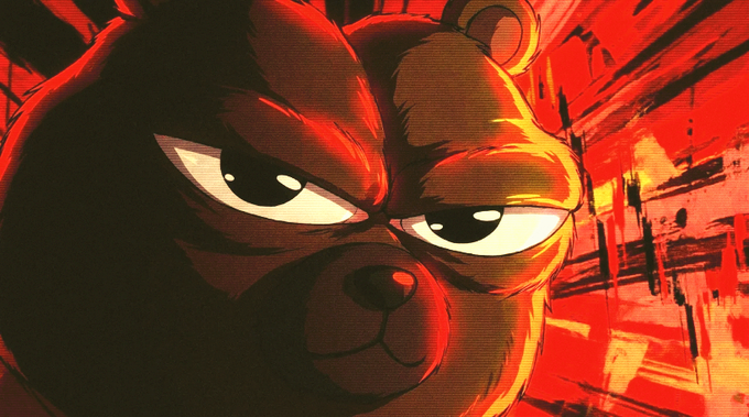 A close-up illustration of an angry brown bear with intense eyes, rendered in bold red and orange brushstrokes.