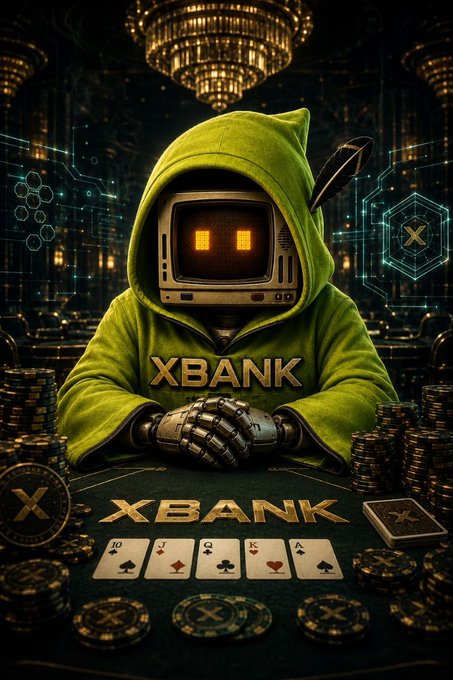 A digital artwork featuring a hooded figure in a green jacket with a retro television for a head displaying glowing yellow eyes. The figure sits at a poker table marked 'XBANK' with chips, playing cards (10, J, Q, K, A), and a feather quill, with hexagonal holograms in the background.