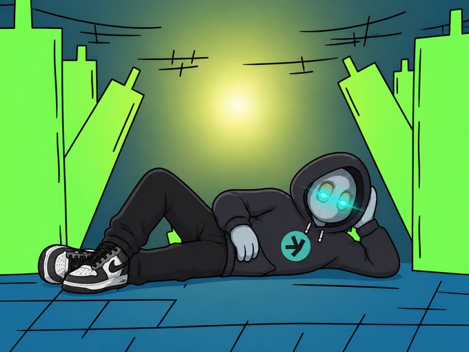 A hooded figure with glowing cyan eyes and a $CATE logo emblem lounges casually on a rooftop between city buildings under a bright glowing orb, symbolizing the laid-back confidence of someone who caught the early entry on the memecoin before it reached its $10M market cap peak.